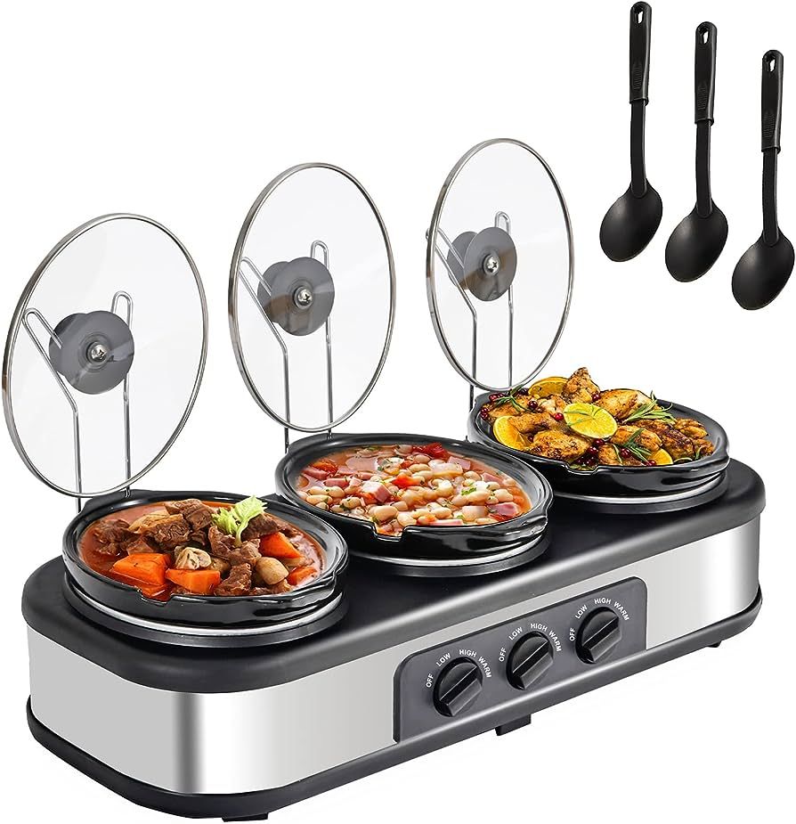 Triple Slow Cooker, 3 X 1.5QT Mini Individual Pots with Adjustable Temp, Dishwasher Safe, Portabl... | Amazon (US)