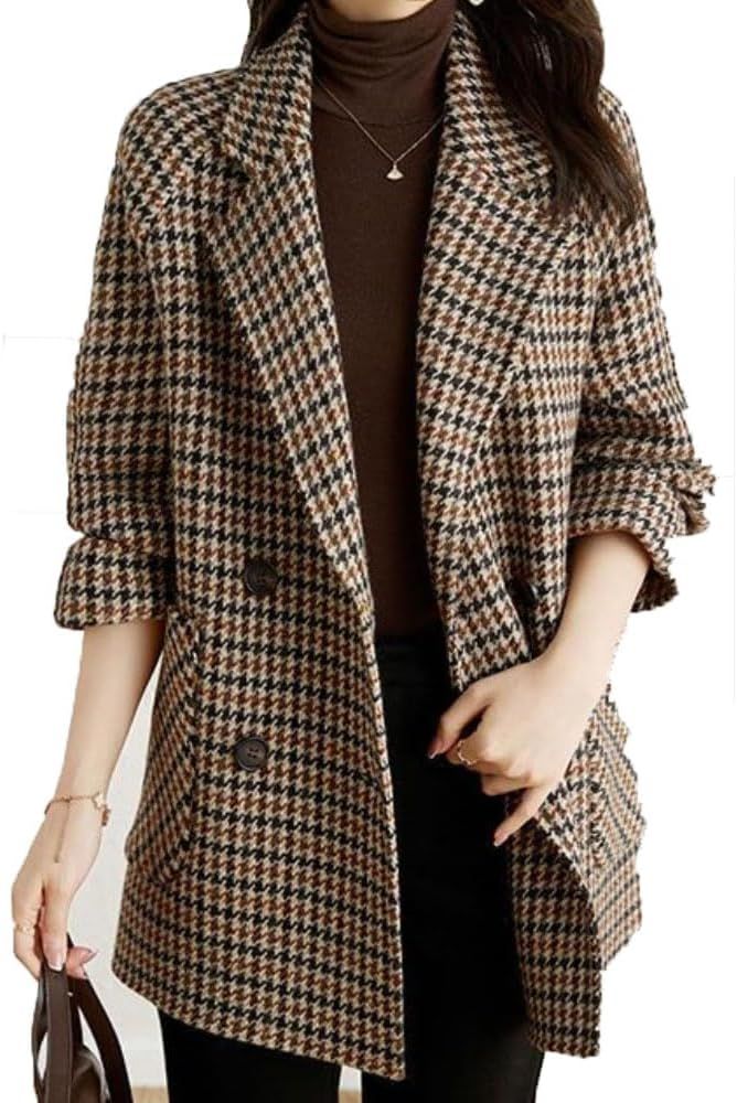 Houndstooth Women Blazer Double Breasted Plaid Female Suit Jacket Outerwear Loose Coat | Amazon (US)