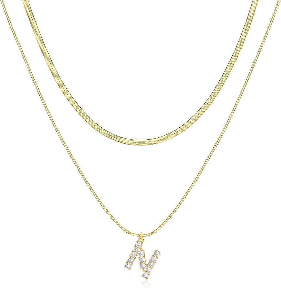 NUZON Layering Initial A-Z Letter Pendant Necklaces for Women 18k Gold Plated Double Snake Chain ... | Amazon (US)