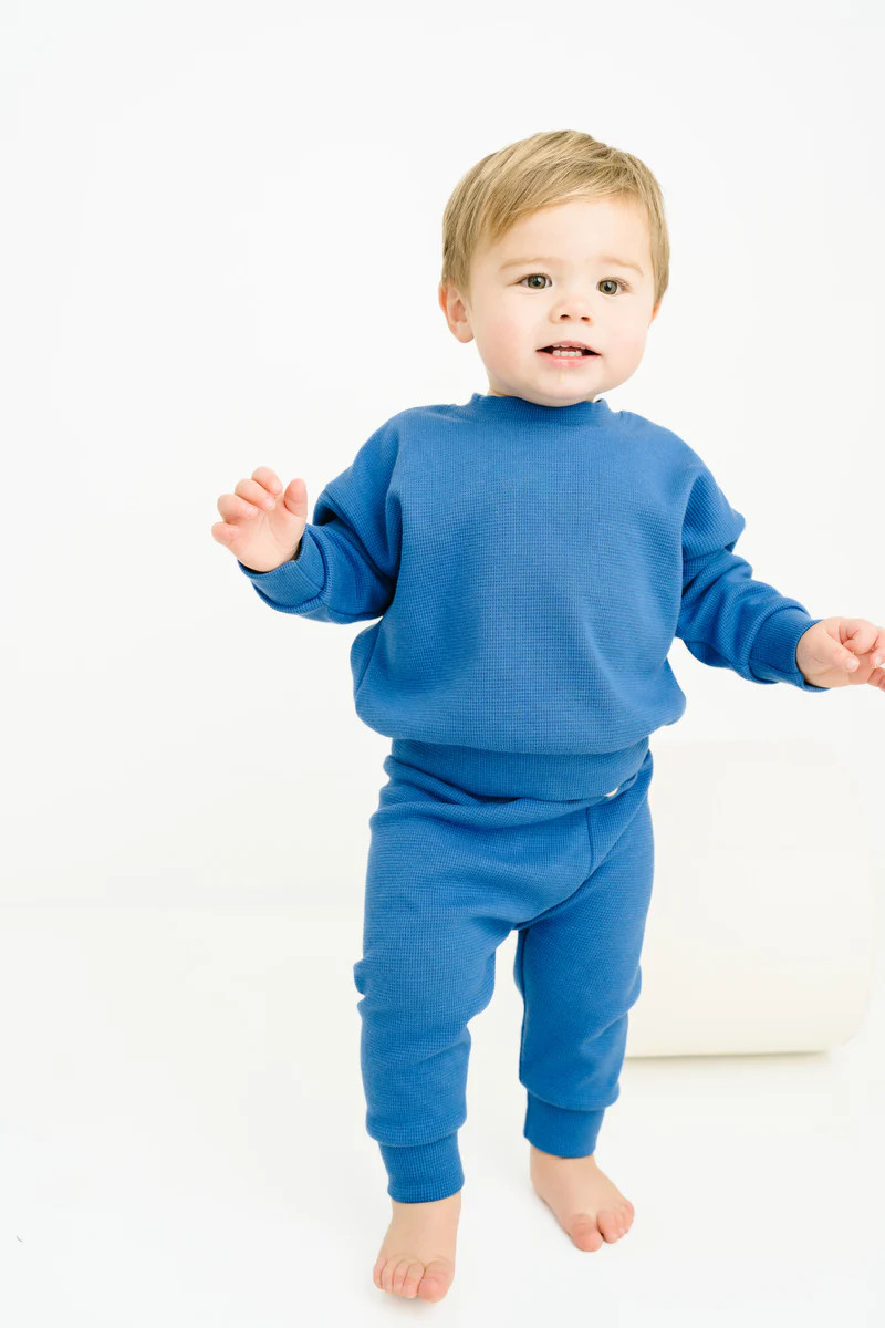 Sea Blue Waffle Crewneck Set | Little One Shop Co