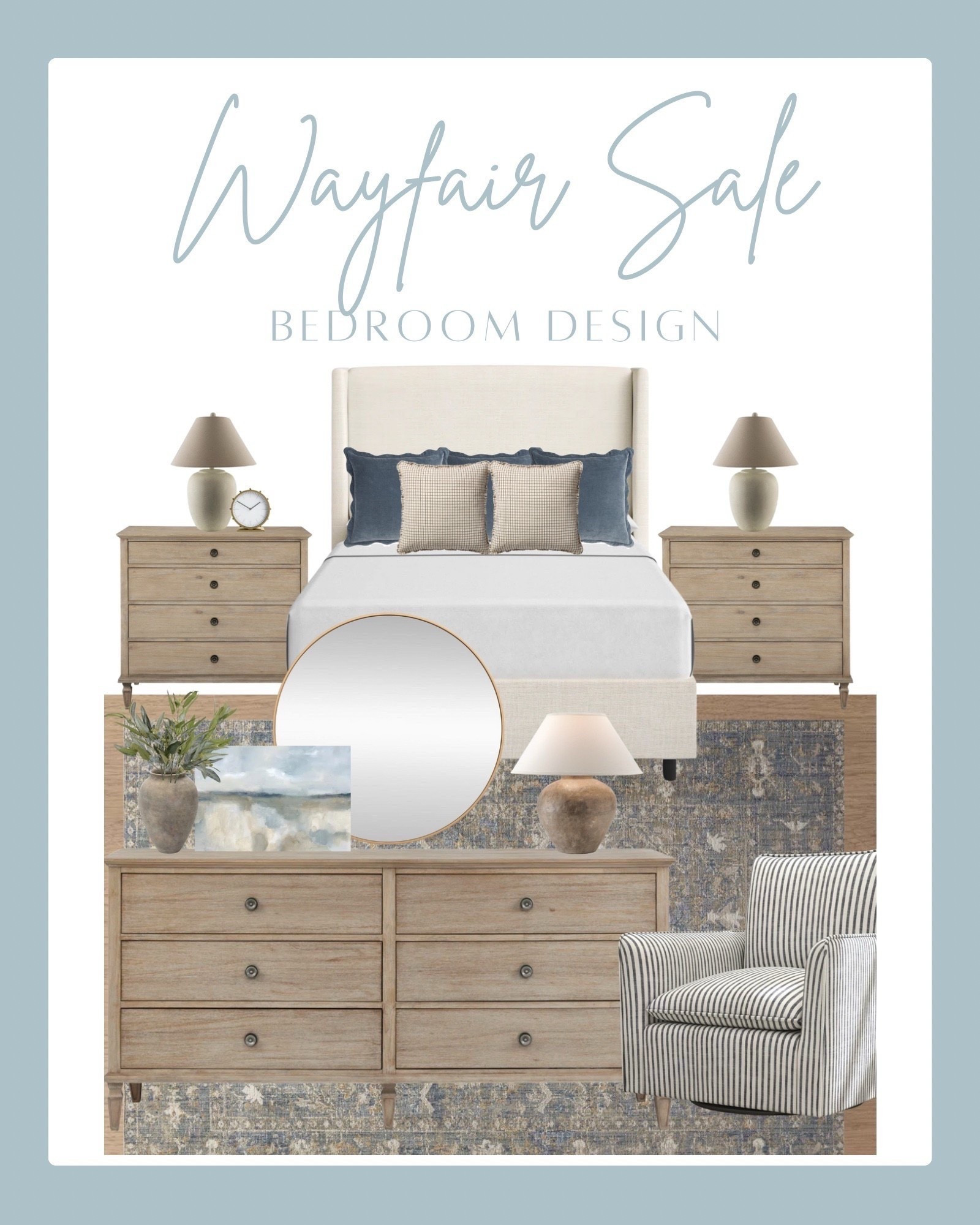 Wayfair sale, bedroom design, bedroom decor ideas, neutral bedroom decor, coastal bedroom style, modern farmhouse bedroom, upholstered bed styling, wood nightstands, wood dresser, matching bedroom furniture, striped accent chair, cozy bedroom inspiration, bedroom rug ideas, neutral bedding, blue and beige decor, textured lamps, round mirror styling, bedroom wall art, affordable bedroom furniture, budget friendly home decor, wayfair home finds, wayfair bedroom favorites, home decor inspiration, interior design trends 2025, designer bedroom look for less, classic bedroom style, timeless bedroom decor, neutral home aesthetic, calming bedroom design

#LTKSaleAlert #LTKHome #LTKGiftGuide