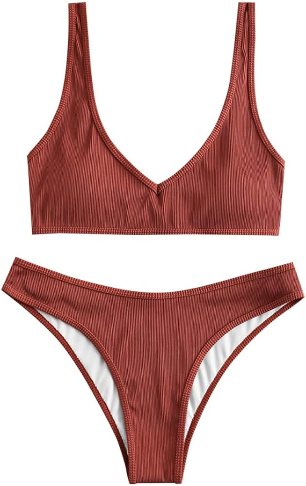 ZAFUL Women's Scoop Neck Padded Printed High Cut Bikini Set Two Piece Swimsuit | Amazon (US)