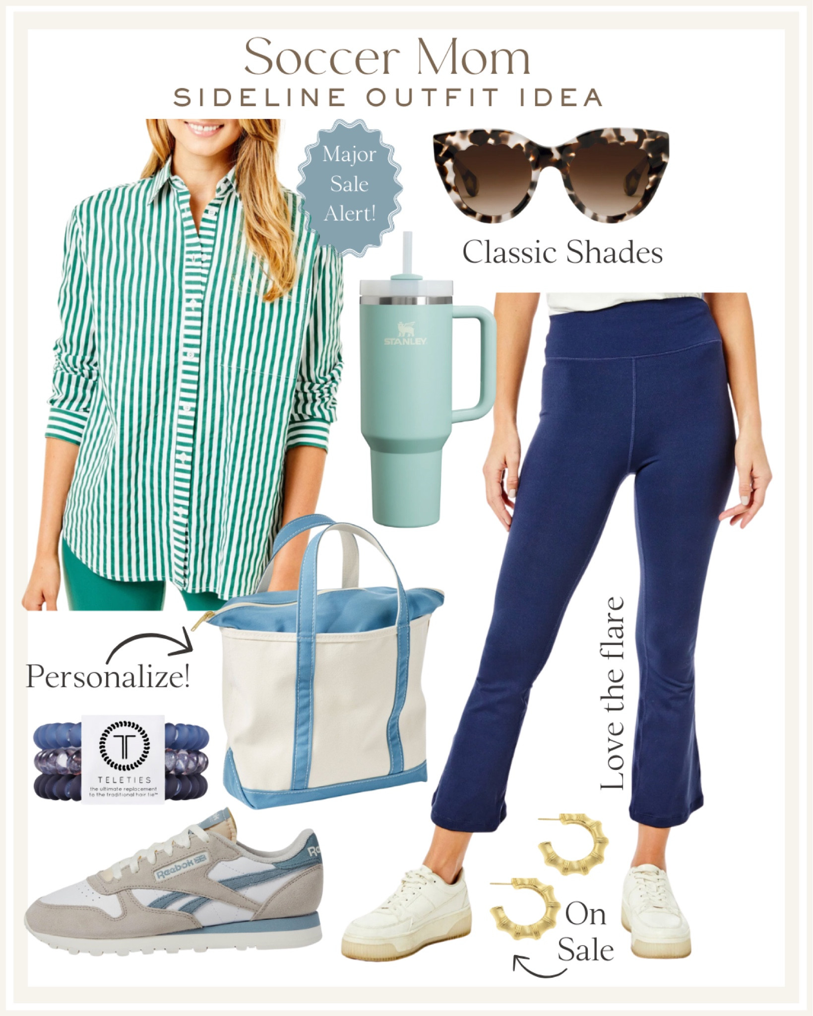 Soccer mom outfit idea. This is a casual look that is worn to many games! Love that the striped button down shirt can be dressed up or worn casually with these flared leggings. The tote bag can be personalized, earrings are in sale, and love the color combo of these sneakers. 

Fall fashion, sale alert, casual style, preppy, activewear, mom style, weekend vibes, Addison bay 

#LTKFindsUnder50 #LTKSaleAlert #LTKFindsUnder100