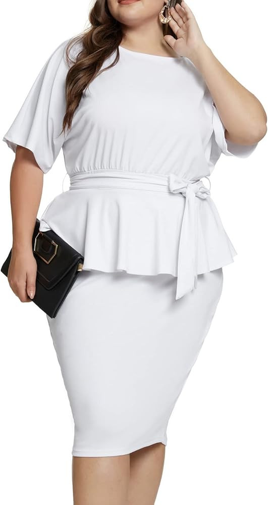 Hanna Nikole Women Plus Size Peplum Dress Church Wear to Work Bodycon Short Sleeve Midi Dresses | Amazon (US)