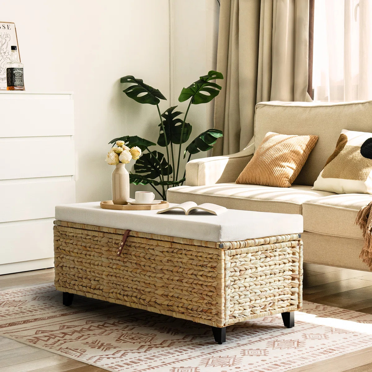 Leimomi 43.3" Flip Top Wicker Upholstered Storage Bench with Detachable Cushion | Wayfair North America