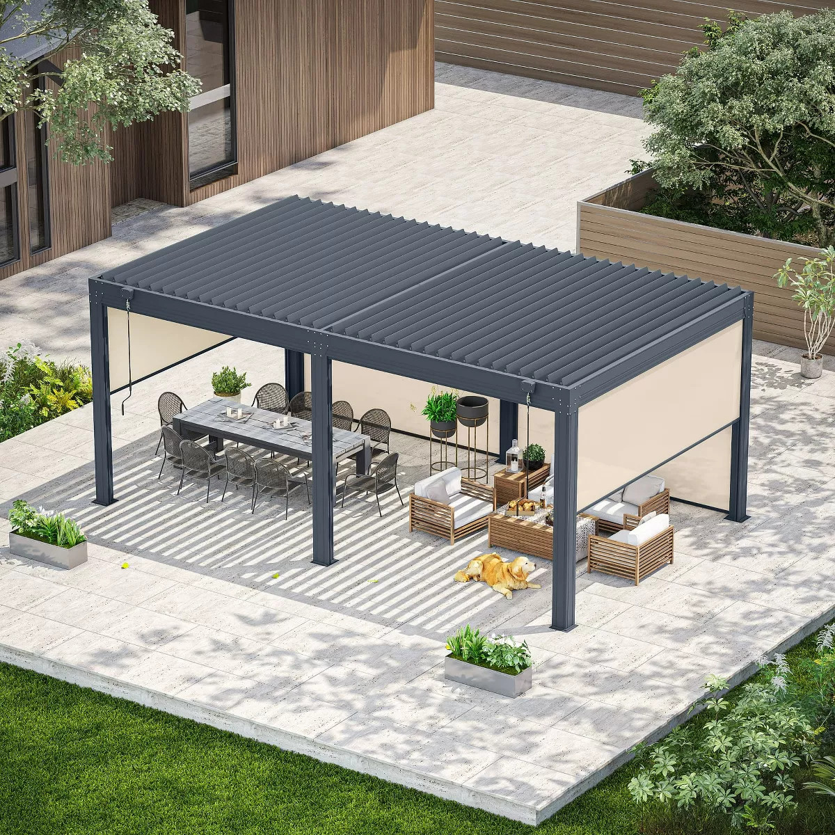 Erommy 12 x 20 FT Aluminum Louvered Pergola with 6-Panel Pull-Down Privacy Screen | Target