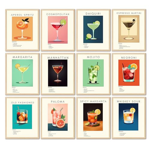 TRAMIN 12pcs Vintage Cocktail Poster, Retro Cocktail Wall Art, Bar Cart Accessories and Decor, Funky Drink Aesthetic Pictures, Colorful Preppy Bar Art Prints for College Dorm Apartment (8x10 UNFRAMED) | Amazon (US)