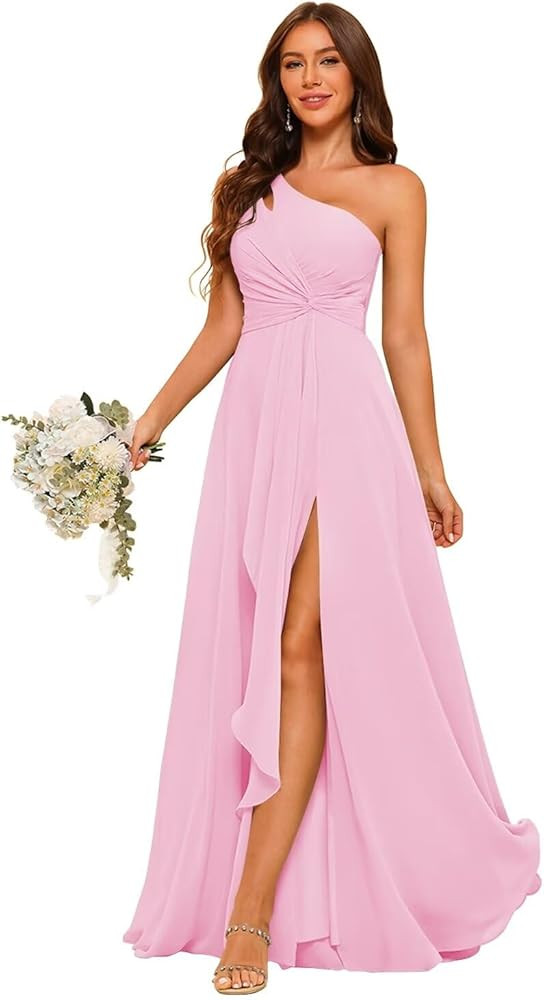 Chiffon One Shoulder Bridesmaid Dress with Pleated Bodice Long A Line Formal Dresses for Women AD... | Amazon (US)
