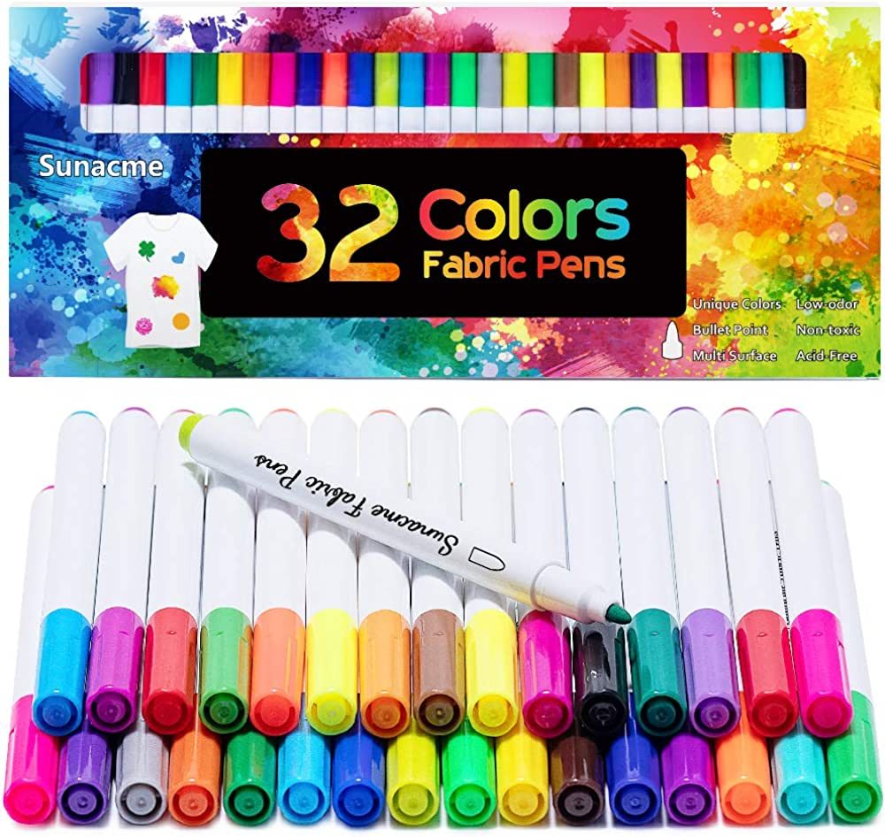 sunacme Fabric Markers Pen, 32 Colors Permanent Fabric Paint Pens Art Markers Set - Fine Tip, Chi... | Amazon (US)