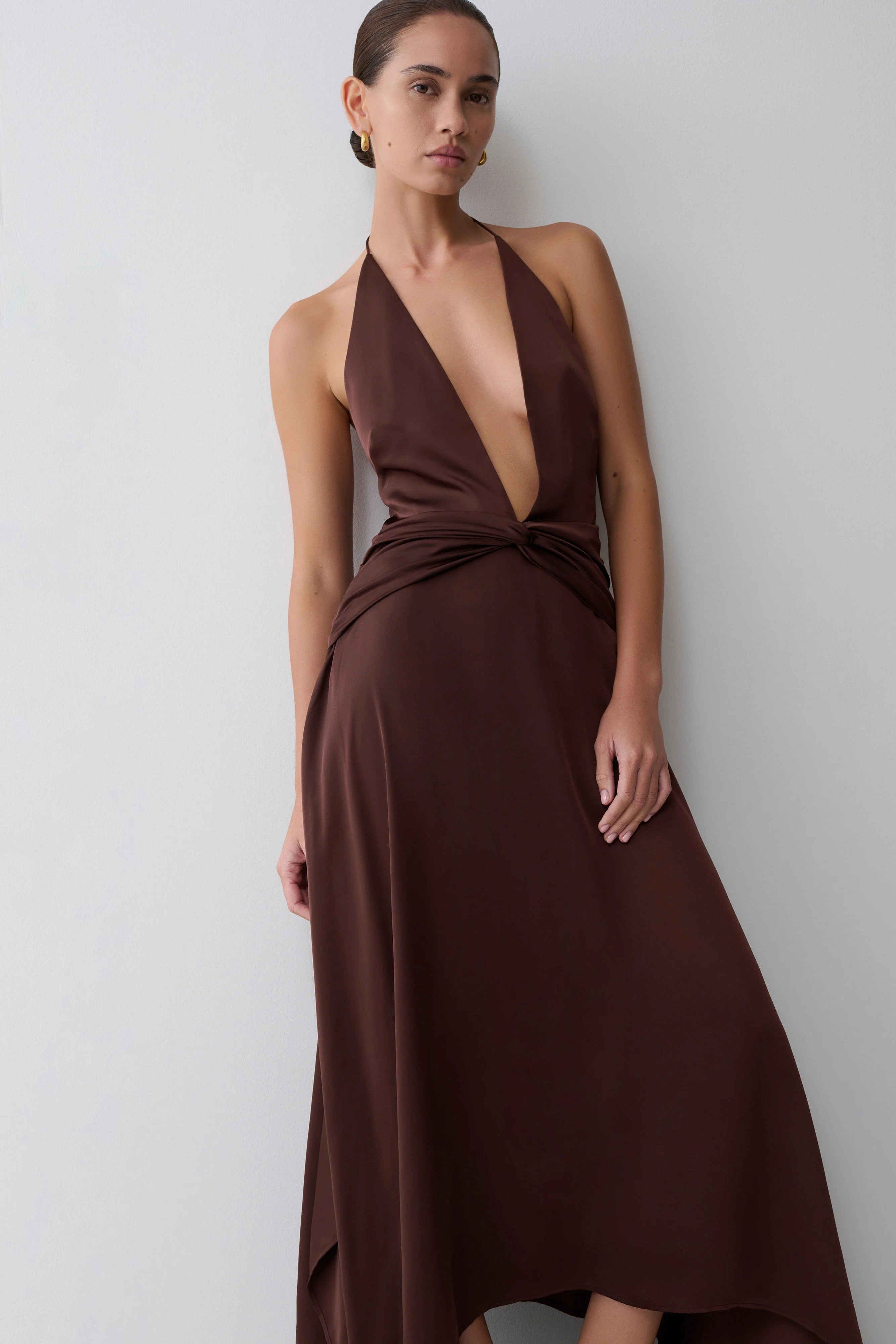Cyra Plunge Satin Midi Dress - Dark Chocolate | Meshki UK
