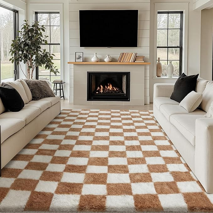 Checkered Rug 8x10 for Living Room, Beige and White Modern Shag Rug Washable Non-Slip Large Area ... | Amazon (US)