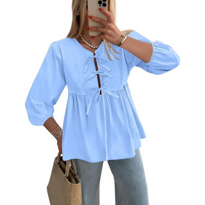 Coolmee Women's Babydoll Tops Fashion Tie Front 3/4 Length Puff Sleeve Bow Cute Peplum Blouses Shirts M Light Blue | Target