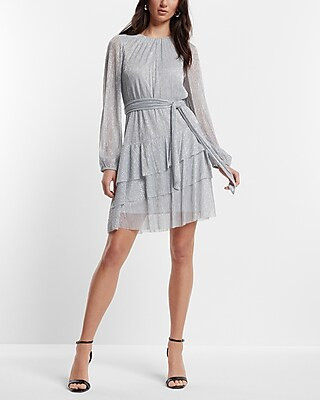 Metallic Silver Long Sleeve Tie Waist Tiered Ruffle Mini Dress | Express