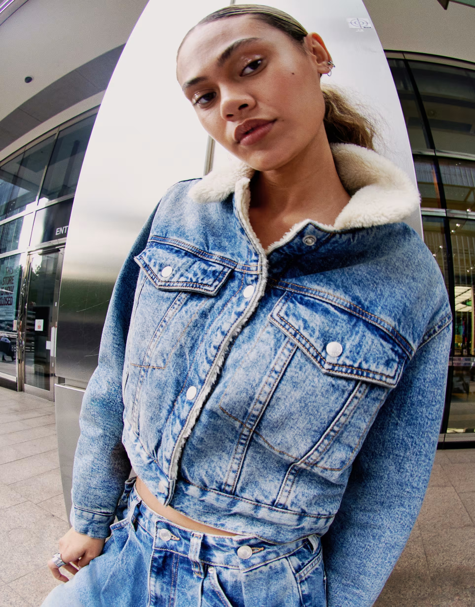 ASOS DESIGN cropped denim borg jacket in midwash blue | ASOS (Global)