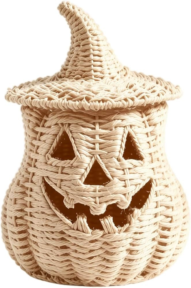 Handcrafted Seagrass Woven Halloween Pumpkin Basket for Candy Storage, Rattan Jack-O-Lantern with... | Amazon (US)