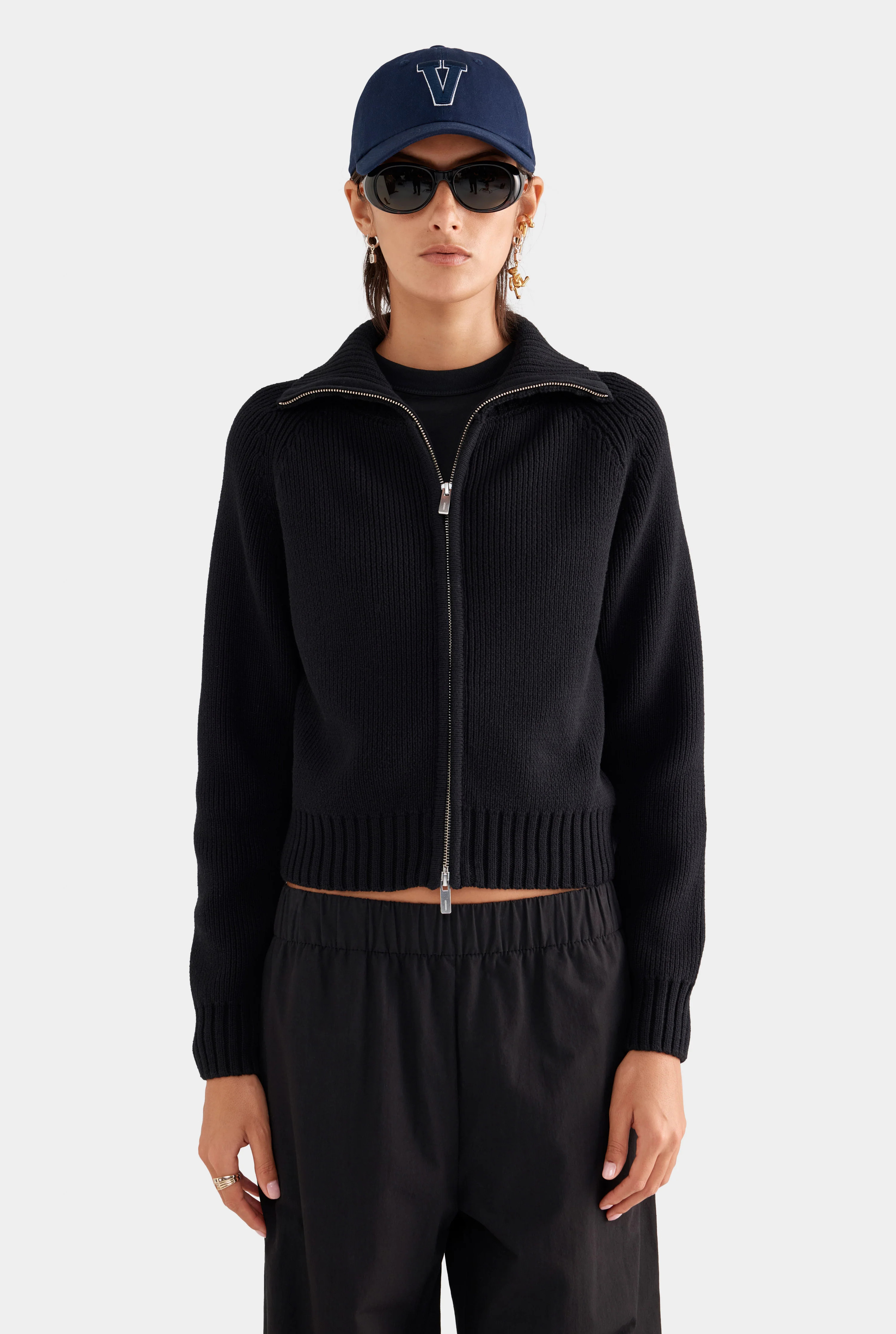 Womens Cotton Funnel Neck Zip Up Sweater in Black | Venroy | Venroy AU