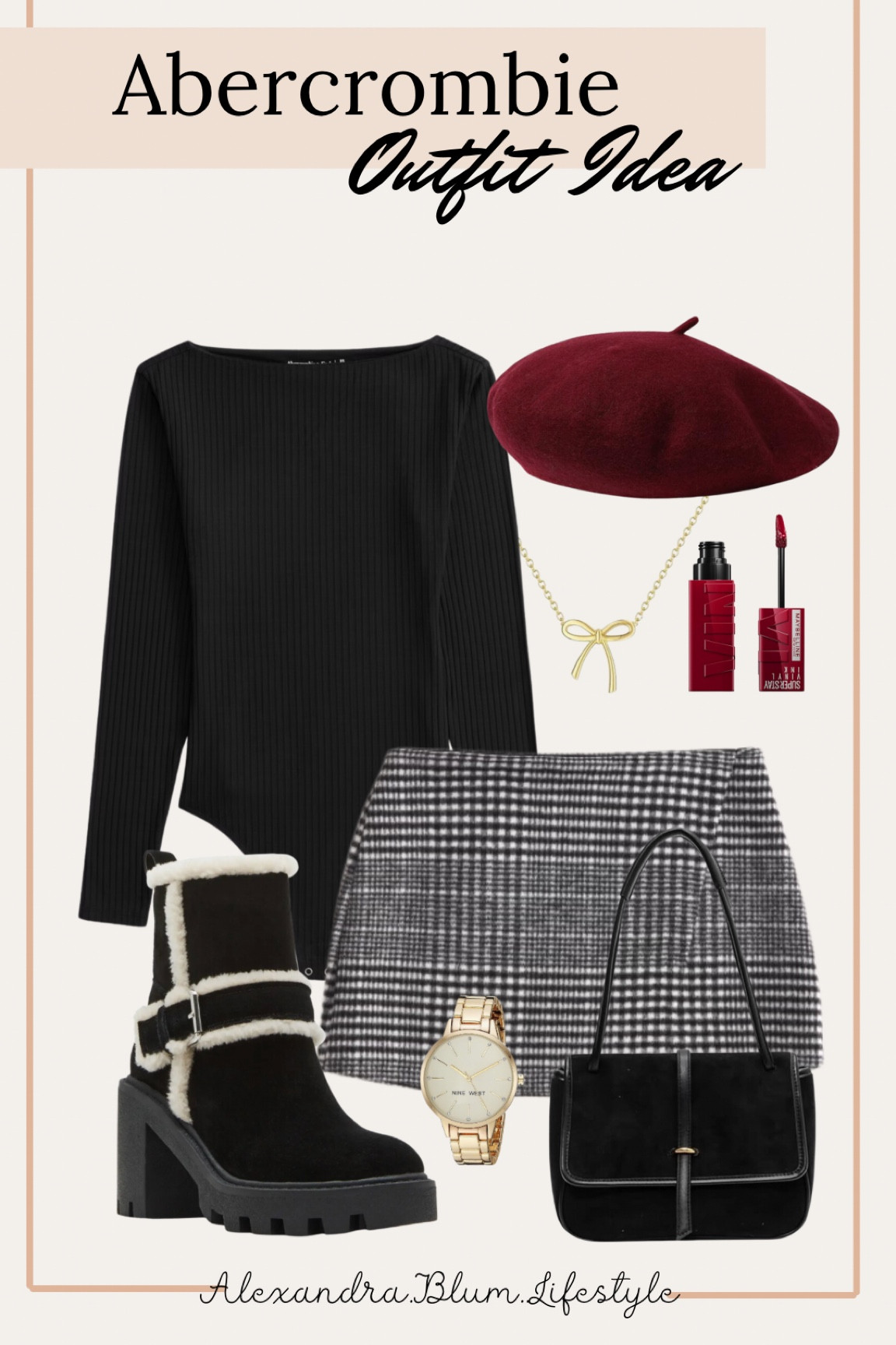 Abercrombie outfit idea! Winter outfit idea! Date night outfit idea! Plaid skirt outfit! Black ribbed bodysuit with a plaid mini skirt, black fur lined booties, burgundy beret, bow necklace, and a black suede handbag from Amazon! 

#LTKFindsUnder100 #LTKStyleTip #LTKShoeCrush
