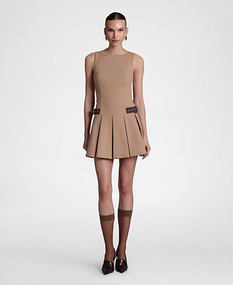 Women's Stretched Cotton Boat Neck Pleated Mini Dress | Macy's