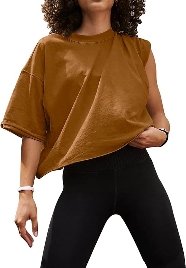 UEU Women's Comfy Basic Workout Gym Short Sleeve Crop Tops Casual Loose Oversized T-Shirts | Amazon (US)