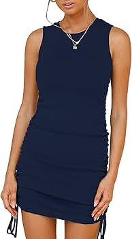 BTFBM Women Sleeveless Bodycon Ruched Short Dress Side Drawstring Solid Crew Neck Casual Summer T... | Amazon (US)