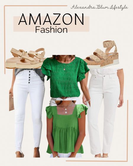 Amazon fashion finds with these green tops and white jean pants paired with straw sandals! Amazon finds! Amazon trends! Summer outfit! Spring outfit. Church outfit! 

#LTKover40 #LTKmidsize #LTKstyletip