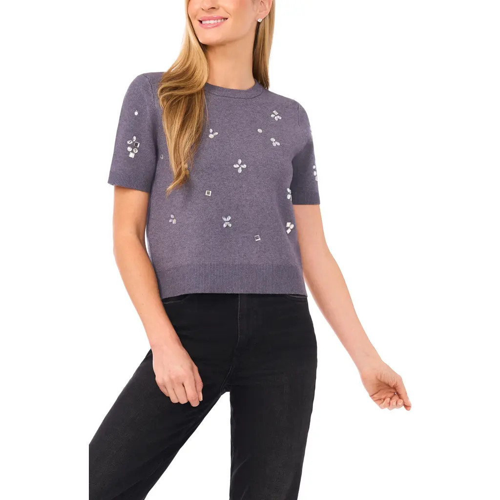 CeCe Embellished Short Sleeve Sweater in Grey Night at Nordstrom, Size Small | Nordstrom