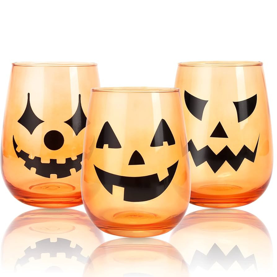 Whaline 3 Pieces Halloween Stemless Wine Glasses 17Oz Clear Orange Jack-O-Lantern Drinking Glasse... | Amazon (US)