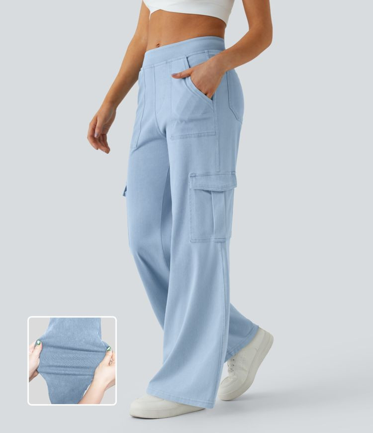 Women’s Halara Flex™ Mid Rise Multiple Pockets Straight Leg Stretchy Knit Casual Cargo Jeans ... | HALARA