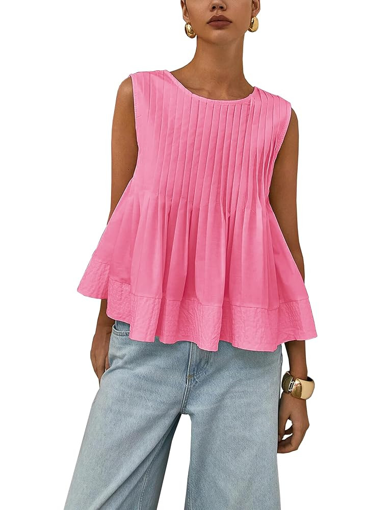 Women's Summer Babydoll Ruffle Tank Tops Pleated Peplum Sleeveless Blouse Round Neck Y2K Shirt | Amazon (US)