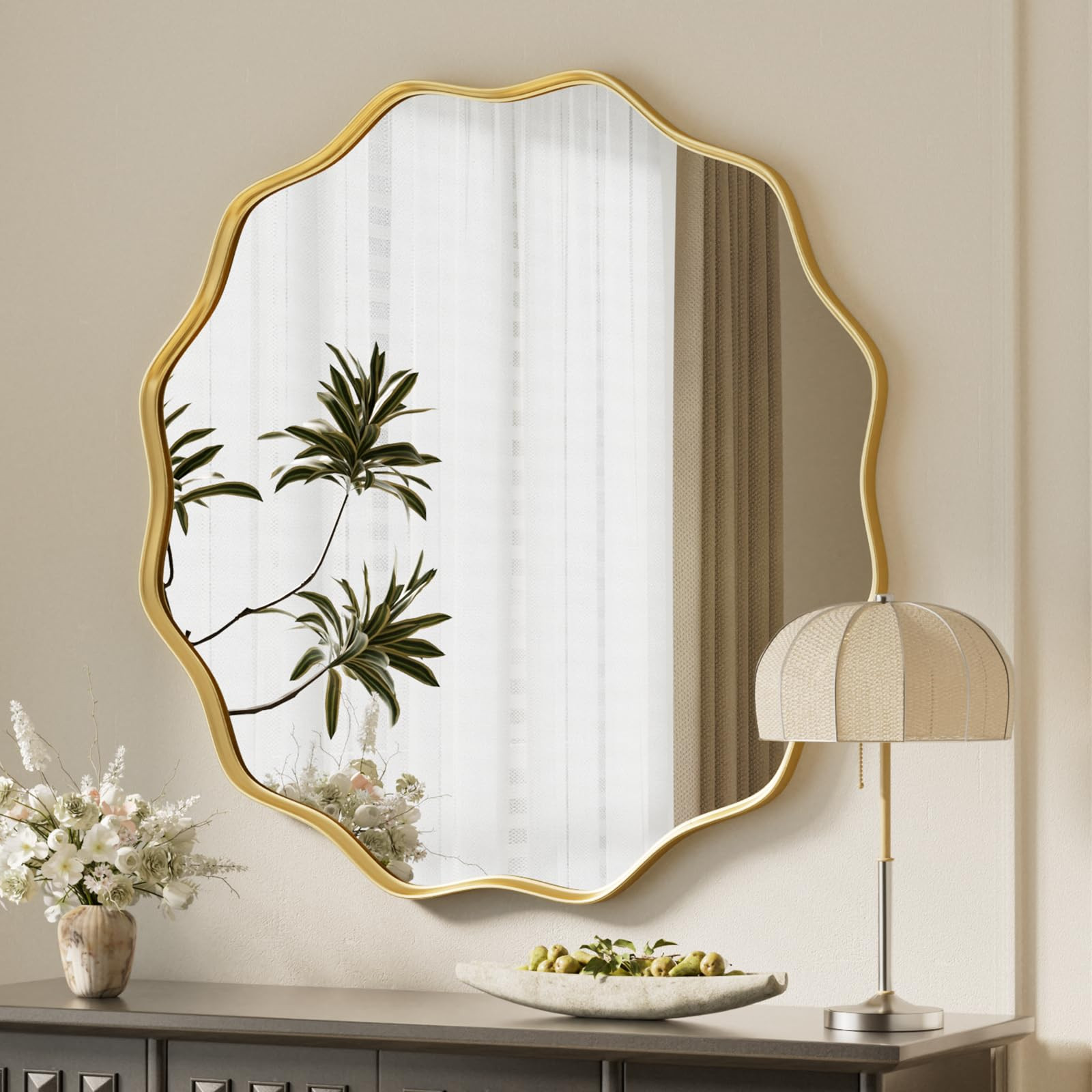 VooBang Gold Scalloped Circle Mirror, 30" Wavy Edge Round Wall Mirror with Tempered Glass Textured Circular Metal Deep Frame, Hanging Leaning for Bathroom, Hallway, Entryway, Livng Room | Amazon (US)