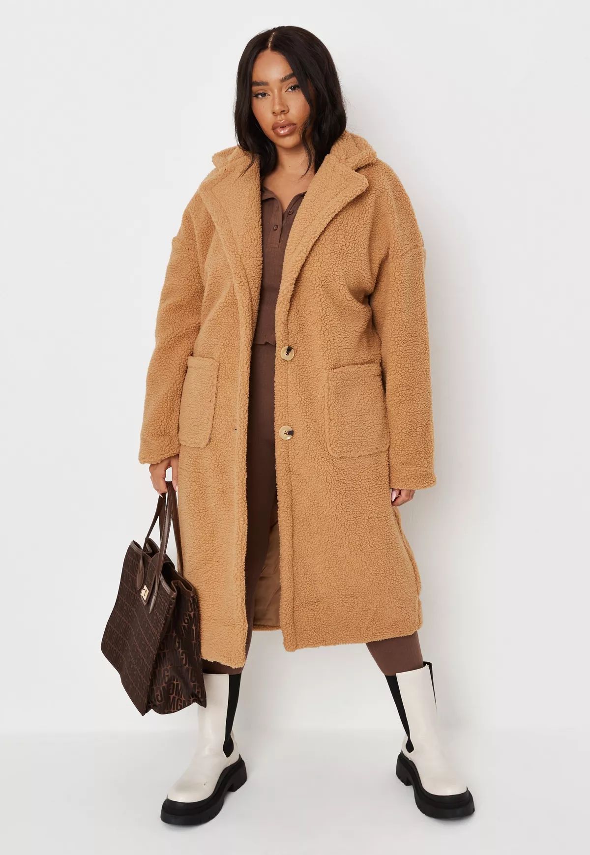 Missguided - Plus Size Tan Borg Teddy Long Oversized Coat | Missguided (US & CA)