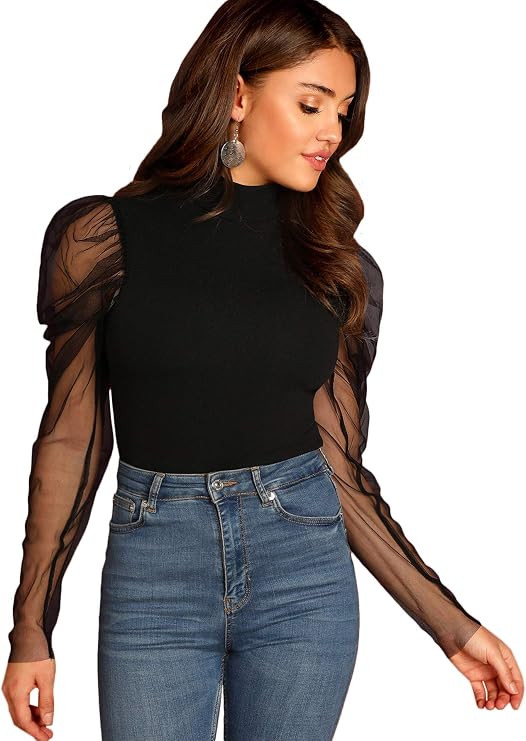 Romwe Women's Mesh Puff Sleeve High Neck Slim Fit Party Blouse Top | Amazon (US)