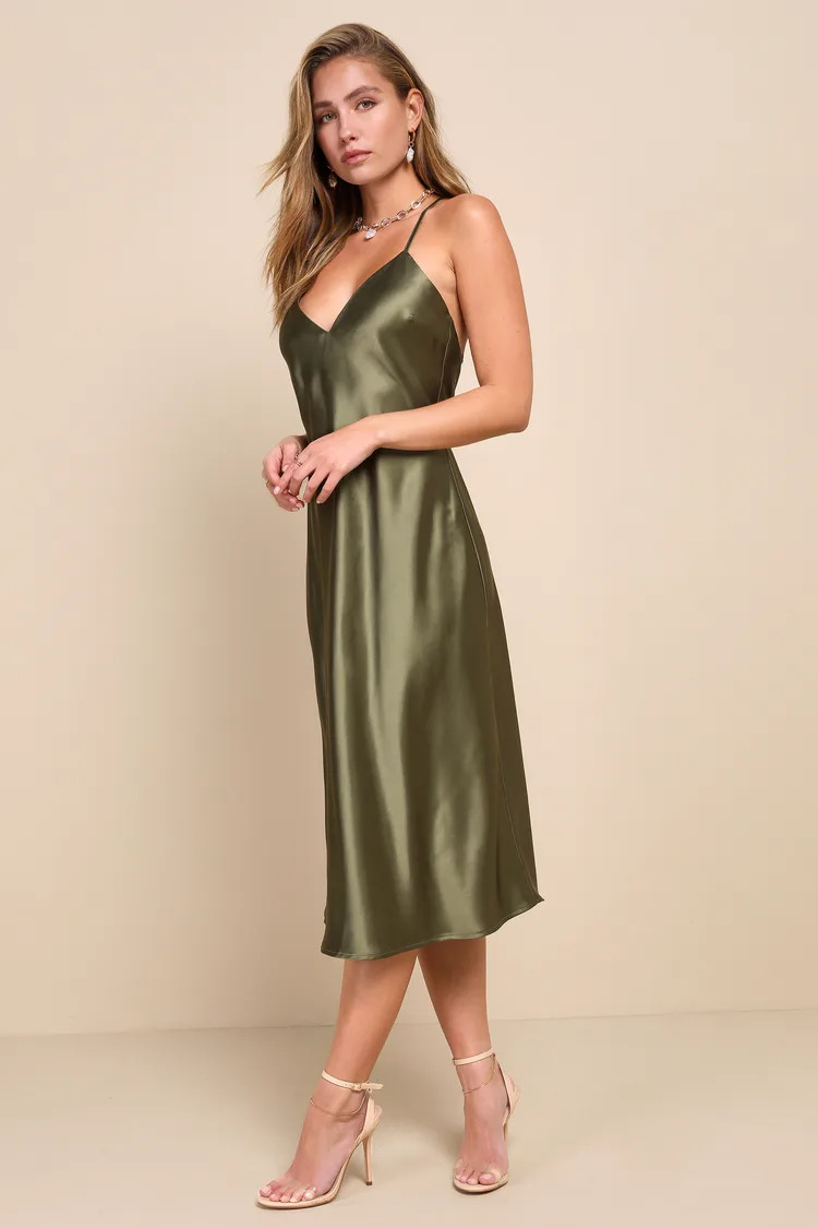 Exquisitely Chic Olive Green Satin Backless Slip Midi Dress | Lulus