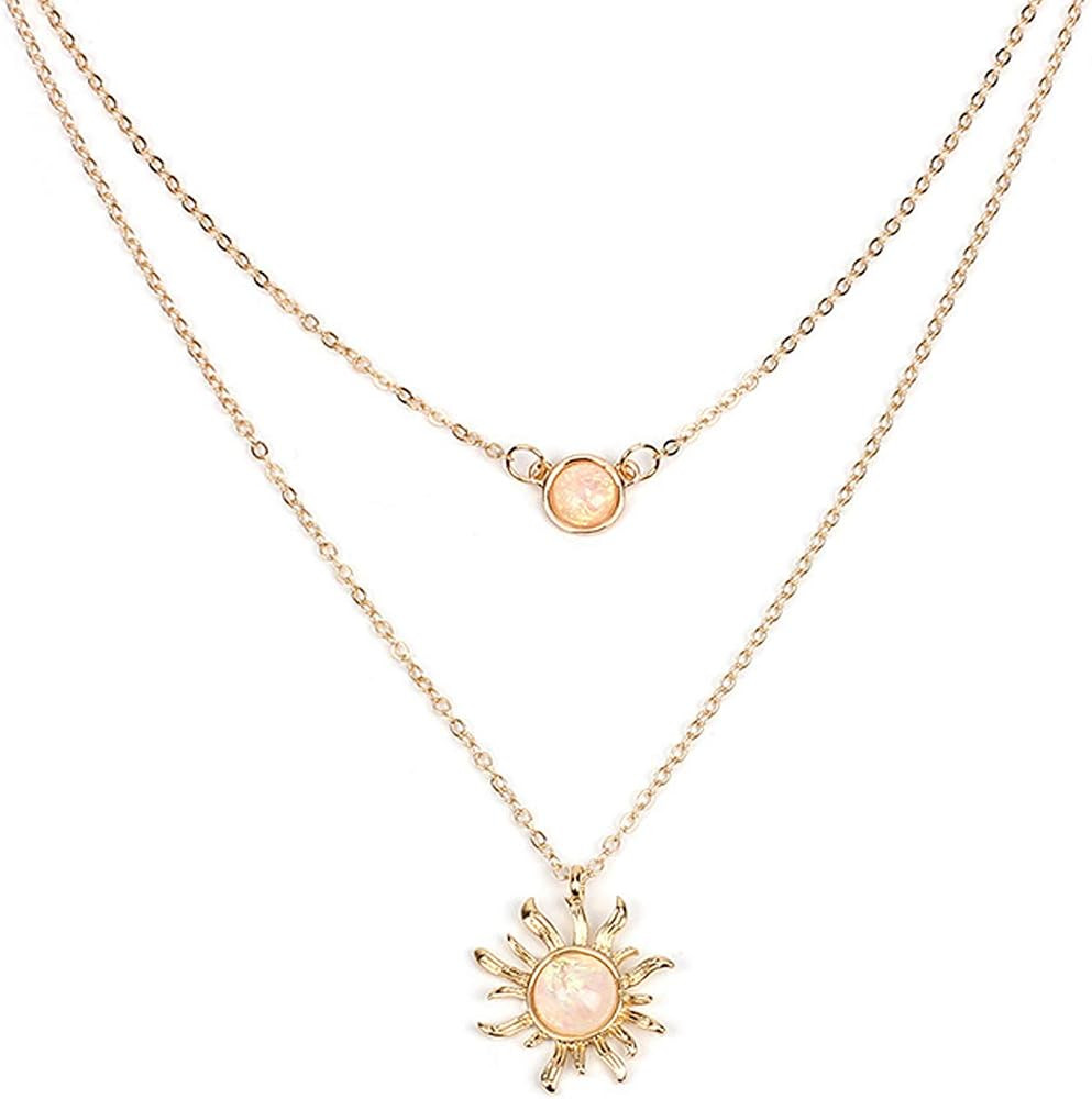 COLORFUL BLING Double Chains Moon and Sun Layered Choker Necklace Sunflower Opal Pendant Necklace... | Amazon (US)