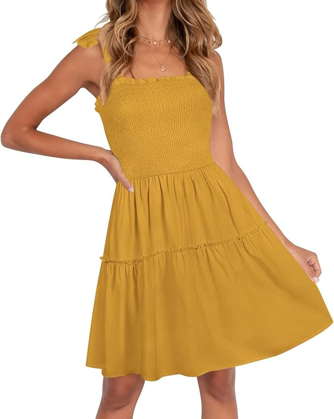 ZESICA Women's Summer Spaghetti Strap Sleeveless Square Neck Ruffle A Line Swing Mini Dress | Amazon (US)