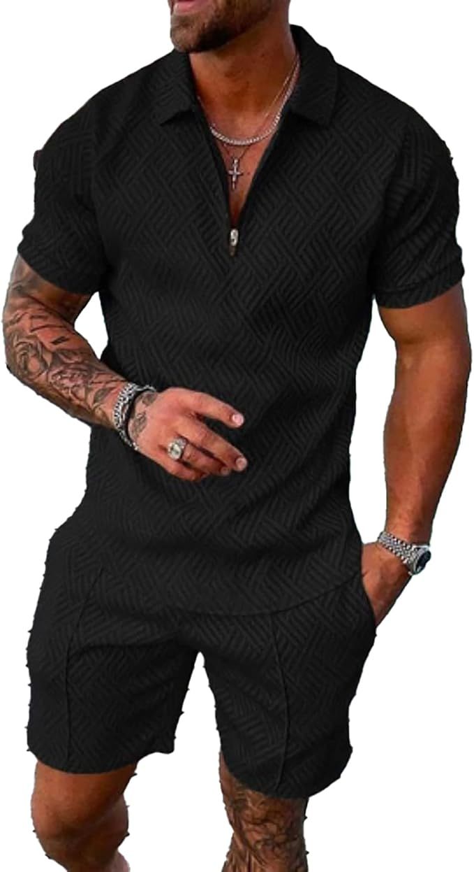 men's short sets outfits 2 piece summer tracksuit short sleeve polo shirt and shorts set casual s... | Amazon (US)
