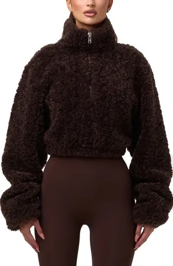 Naked Wardrobe Faux Shearling Quarter Zip Crop Pullover in Dark Chocolate at Nordstrom Rack, Size Medium | Nordstrom Rack
