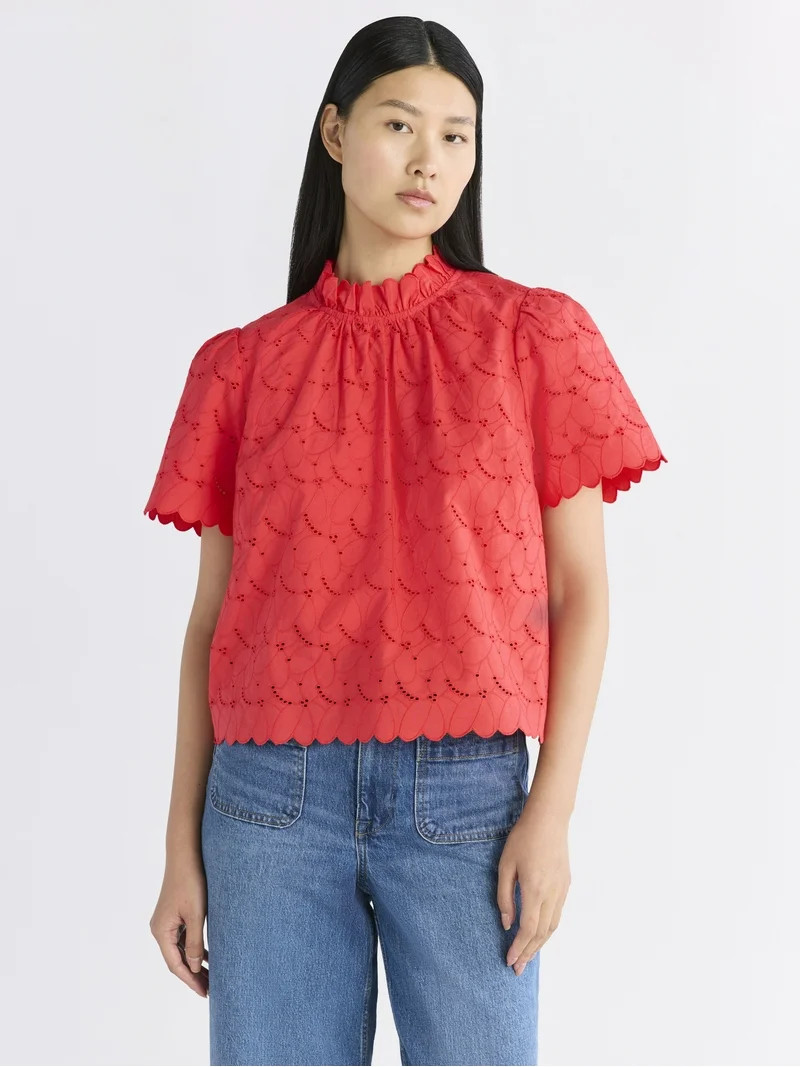 Free Assembly Women's Ruffle Cotton Eyelet Top with Short Sleeves, Sizes XS-4X | Walmart (US)