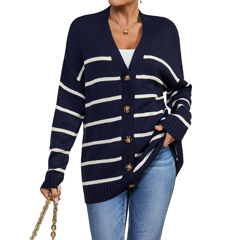 Womens Oversized Cute Striped V Neck Button Long Cardigan Fall 2024 Lightweight Ribbed Knit Sweat... | Amazon (US)