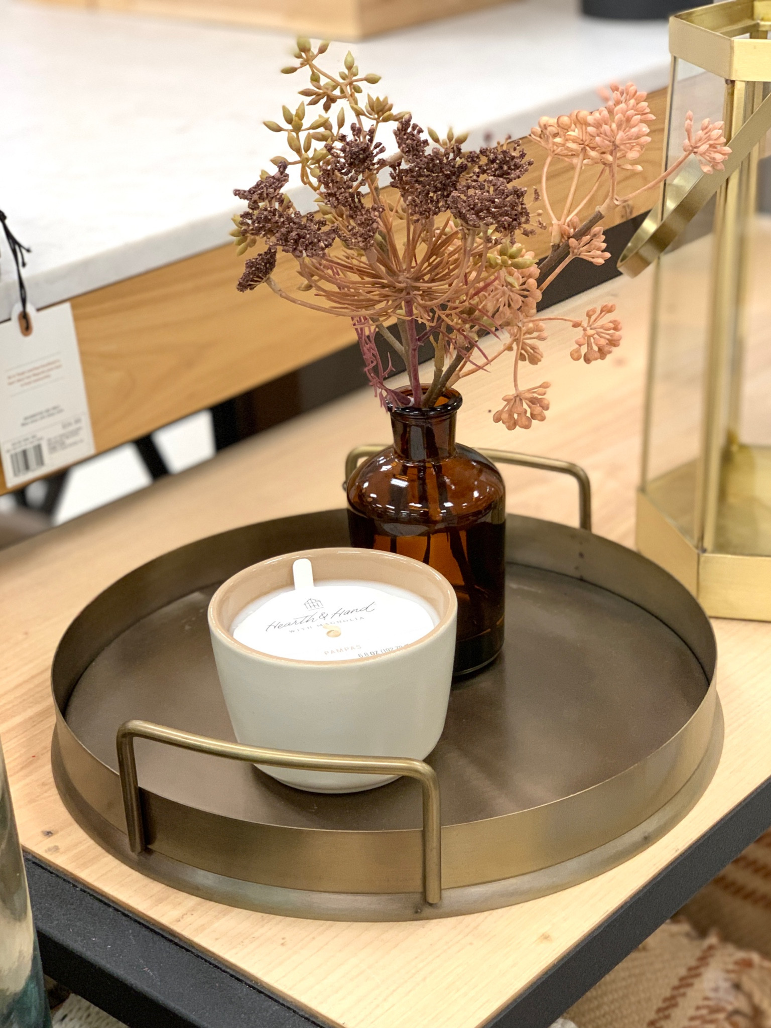 Simple Fall Vignette. You can always add your favorite trinket or another candle. The tray is very pretty in person! However, I expected it to be bigger…so check the measurements before ordering. 

Home decor, fall decor, tray, metal tray, candle, vase arrangement, lantern, table decor 

#LTKstyletip #LTKhome #LTKSale