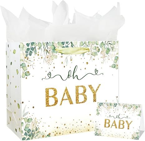 13" Large Baby Boy Girl Gift Bag for Baby Shower or Birthday with Handle, Tissue Paper and Greeti... | Amazon (US)