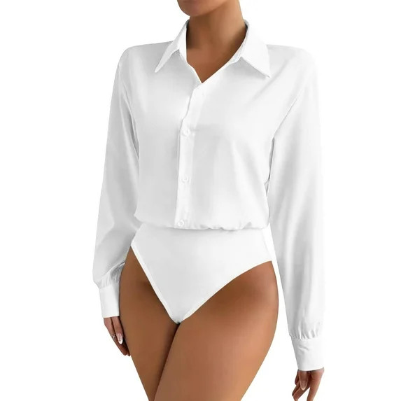 aohooy Women Button Down Bodysuit Collared Long Sleeve Tops Shirt Blouse Bodysuits Business Casua... | Walmart (US)