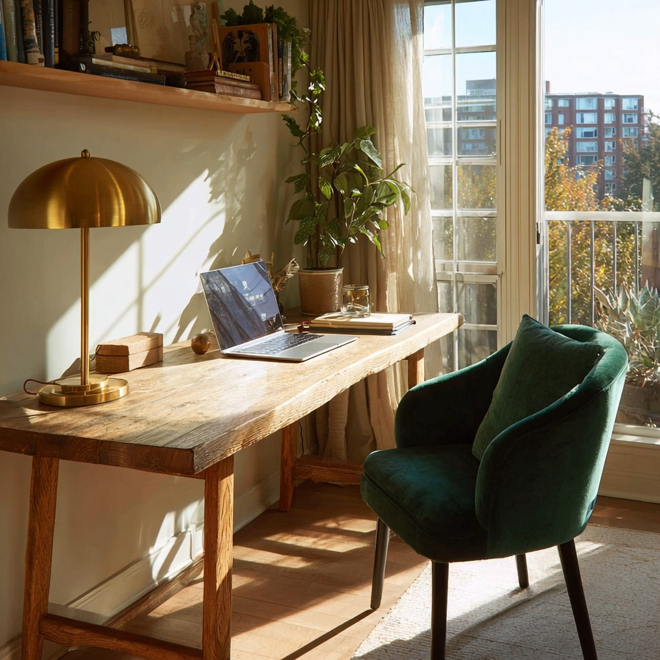 This is the new rule of modern home offices.
Less furniture. Better pieces.

The first thing to let go of
drawers.

We don’t live the same way anymore. Work is digital, papers are minimal, and bulky desks only take away from the space you actually need to think, create, and focus.

Start with a clean foundation.
A natural wooden desk. Simple, open, and grounded. It brings warmth into your workspace without overwhelming it.

Then layer in comfort and elegance.
An emerald velvet chair changes everything. It adds softness, color, and that quiet luxury you don’t usually associate with workspaces but absolutely should.

And finally, the detail that ties it all together.
A modern gold table lamp.

Gold with wood and deep green creates a balance that feels rich, calm, and highly intentional. It is not just a workspace anymore. It becomes a space you actually want to sit in.

If you want to elevate it further
add a simple floating shelf above. Books, greenery, a few personal pieces. Nothing excessive. Just enough to make it yours.

This is the anatomy of a modern home office in 2026.
Clean. Warm. Elevated.

Shop our edit to recreate this look with wooden desks, velvet seating, and refined lighting.

#HomeOfficeDesign #ModernLiving #WorkFromHome 

 #LTKHome