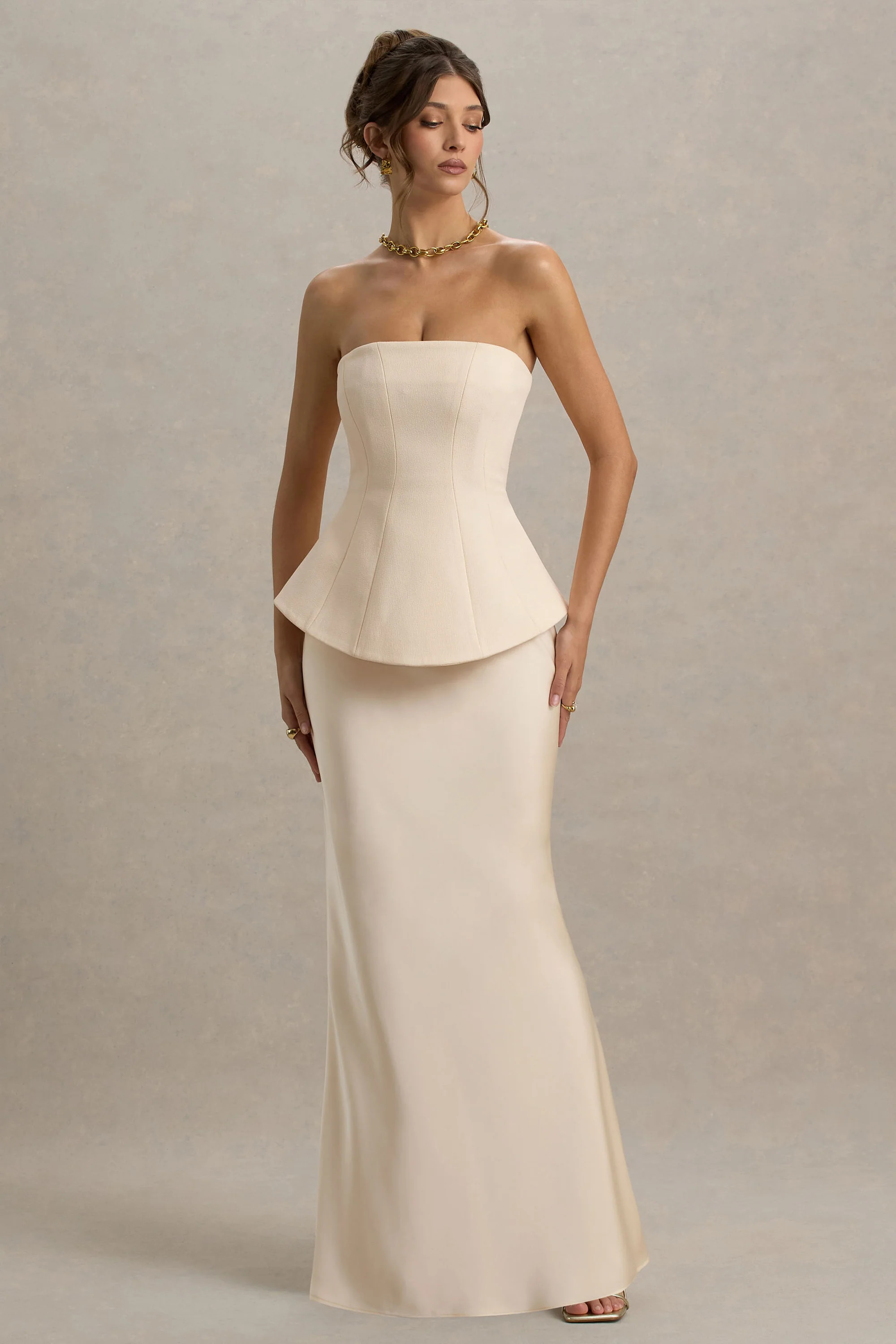 Ohio | Champagne Strapless Corset Maxi Dress | Club L London