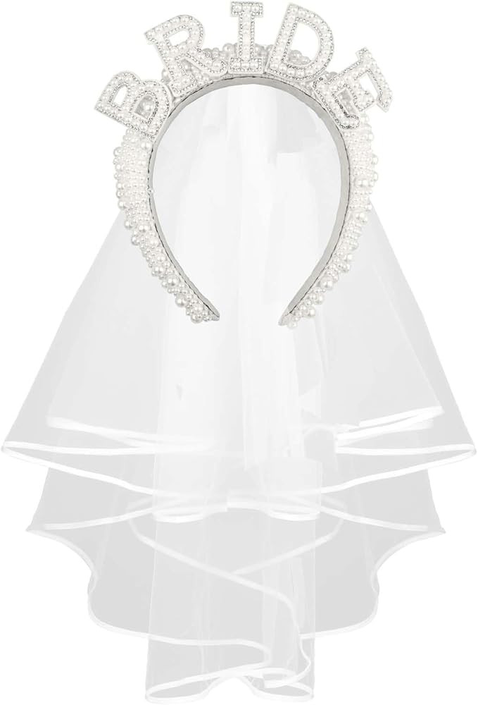 Pearl Bride Headband with Veil, Bachelorette Party Decorations, Pearl Bride Headband with Veil Se... | Amazon (US)