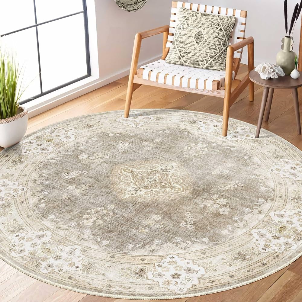 MUJOO Beige Round Rug 5ft,Circle Washable Area Rugs for Bedroom Living Room Bathroom,Boho Vintage... | Amazon (US)