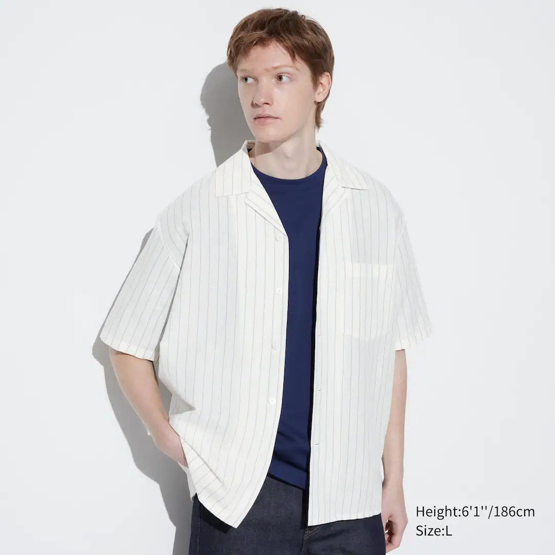 Cotton Linen Blend Striped Short Sleeved Shirt (Open Collar) | UNIQLO (UK)