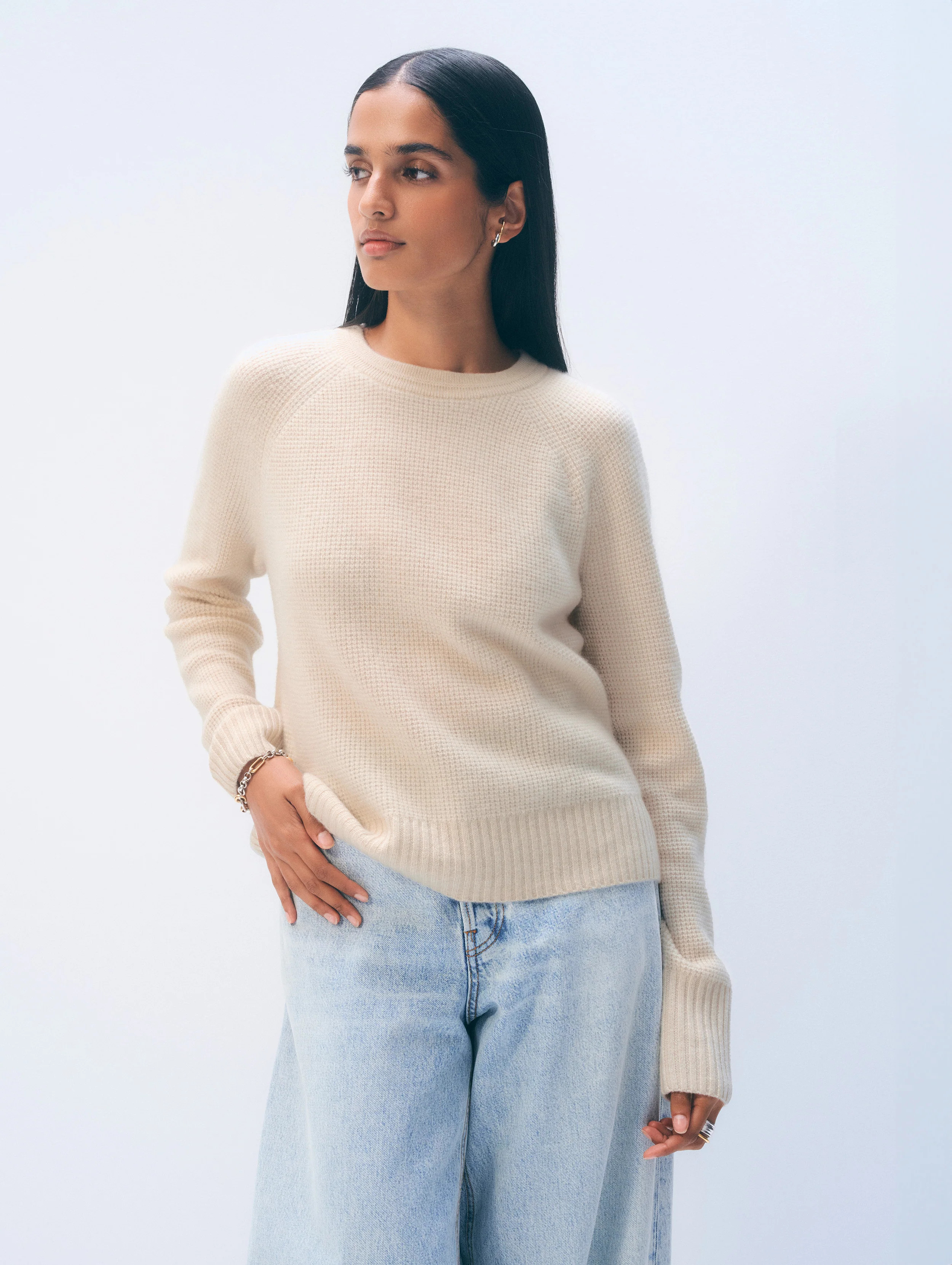 Cashmere Waffle Sweatshirt | Natural Heather | White and Warren