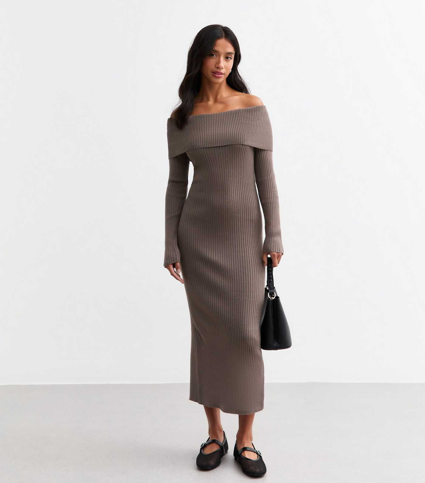 Petite Brown Ribbed Bardot Long Sleeved Midi Dress | New Look | New Look (UK)
