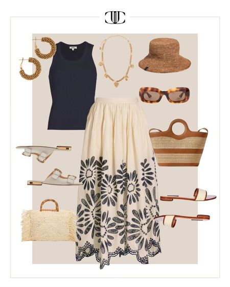 Tank top, skirt, maxi skirt, sandals, slides, sun hat, tote bag, summer look, summer outfit, casual look, casual outfit 

#LTKover40 #LTKshoecrush #LTKstyletip